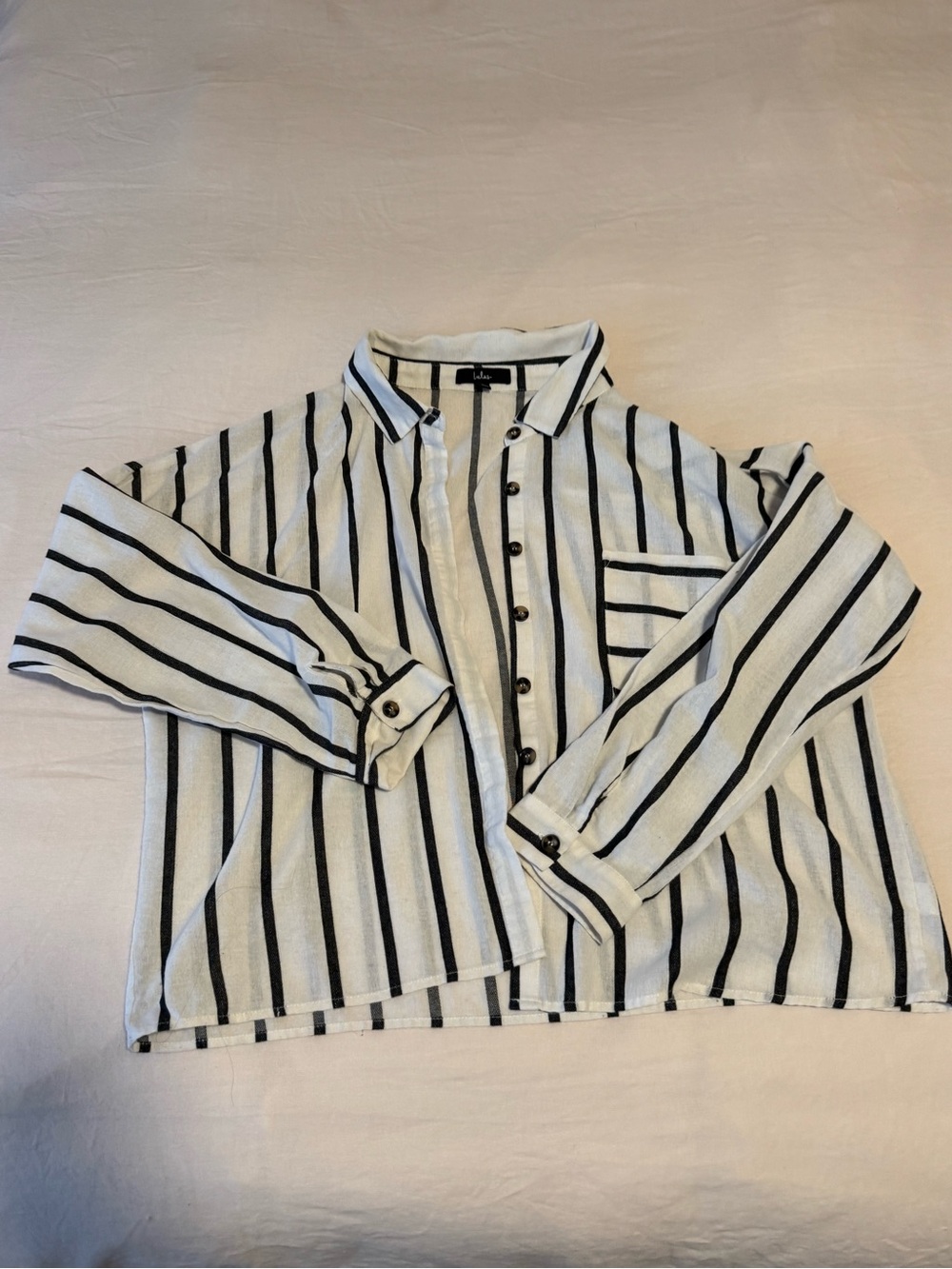 Women’s White Button-Up Shirt with Black Vertical Stripes
